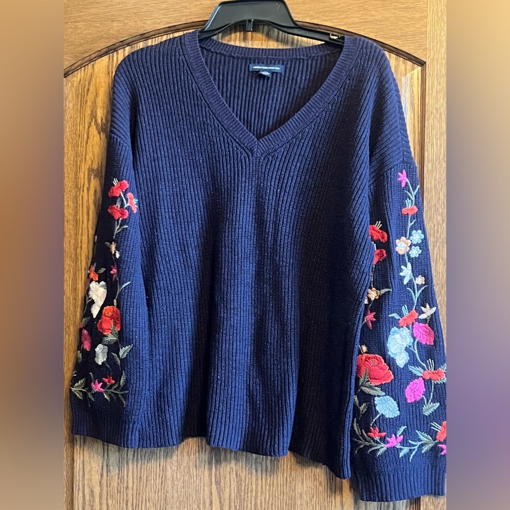 American Eagle Outfitters Navy V-Neck Sweater with Floral Embroidery